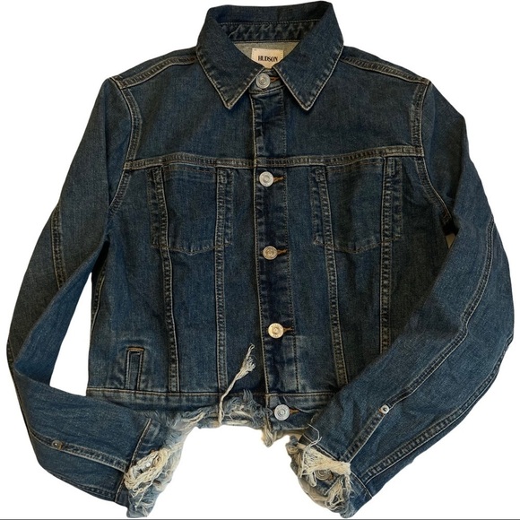 Hudson Size Medium Garrison Cropped Blue Jean Denim Distressed Ripped Jacket - Picture 2 of 13